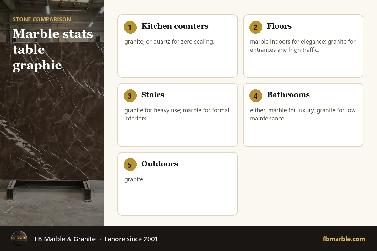 Marble stats table graphic – marble vs granite durability infographic by FB Marble
