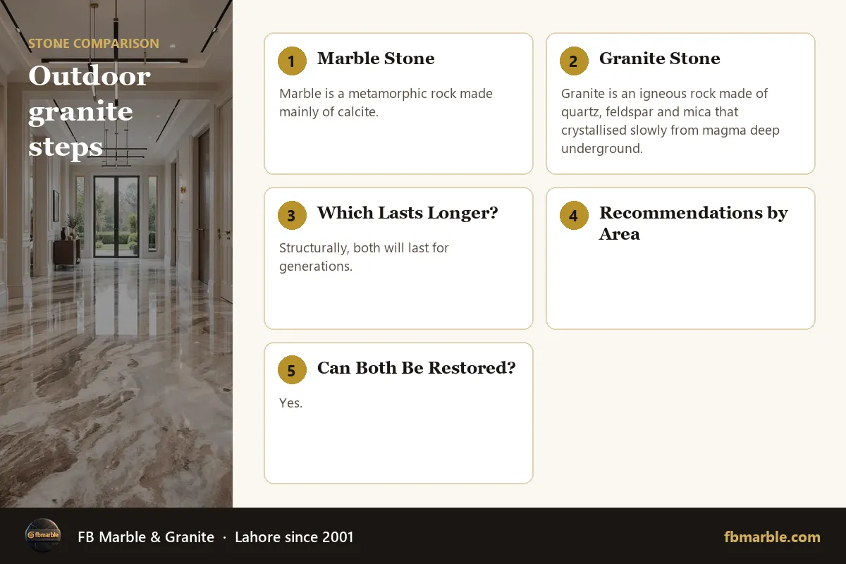 Outdoor granite steps – marble vs granite durability infographic by FB Marble
