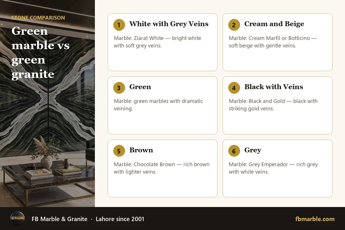 Green marble vs green granite – marble or granite looks infographic by FB Marble
