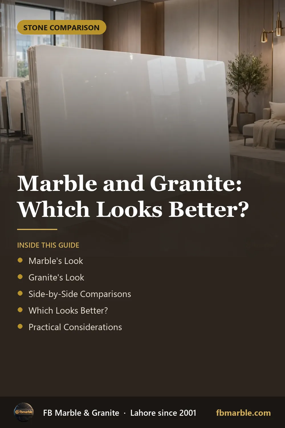 Pinterest graphic: Marble and Granite: Which Looks Better? – FB Marble guide