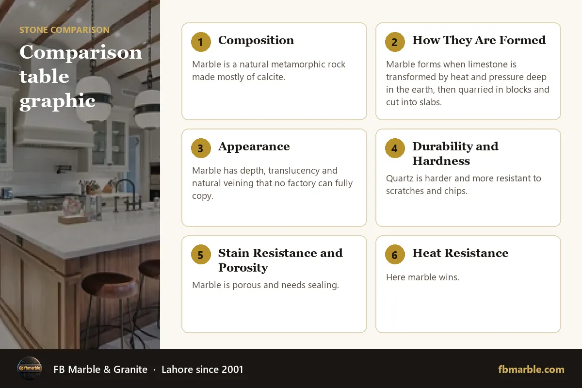 Comparison table graphic – marble vs quartz countertops infographic by FB Marble