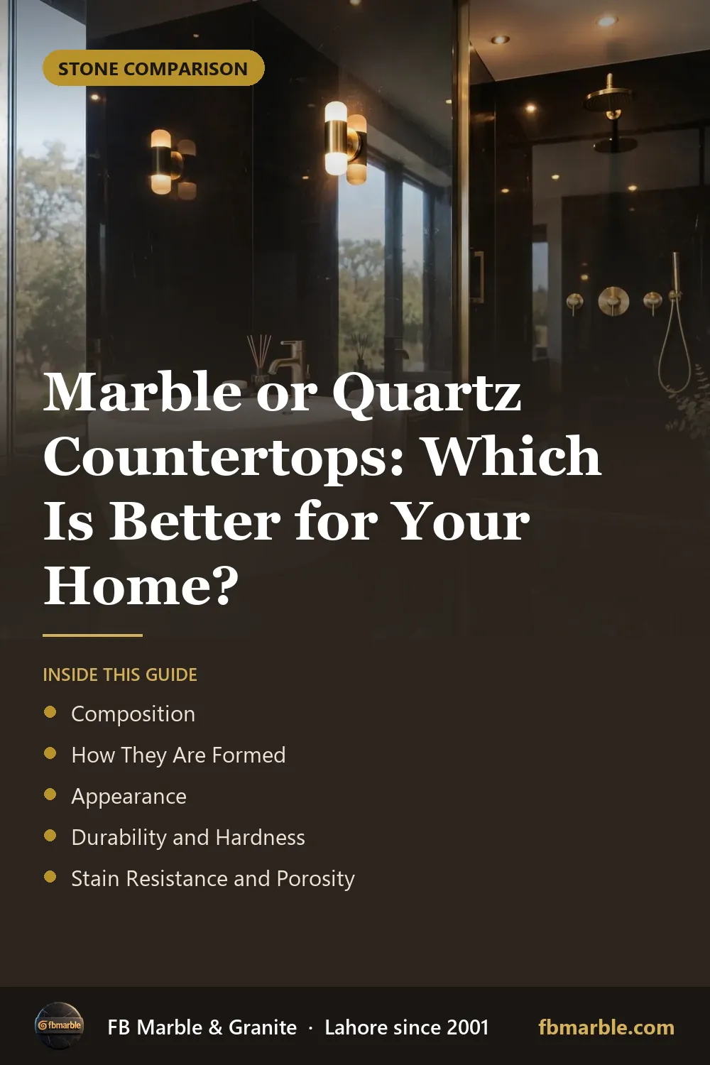 Pinterest graphic: Marble or Quartz Countertops: Which Is Better for Your Home? – FB Marble guide