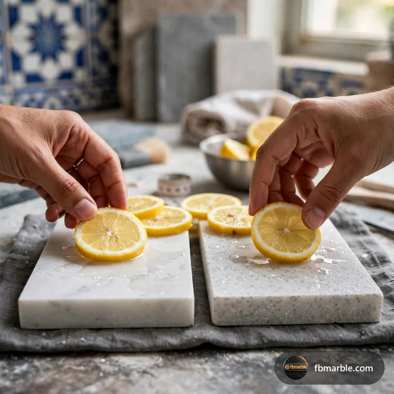 Step 1: Lemon on marble vs quartz test – marble vs quartz countertops