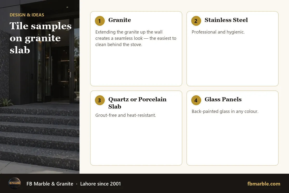 Tile samples on granite slab – match backsplash tile to granite infographic by FB Marble