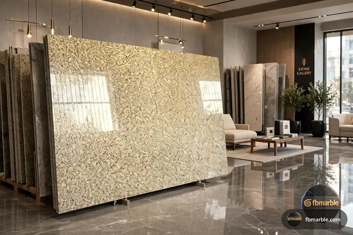 Indus Gold Granite slab from FB Marble Lahore, suited to granite colour + cabinet colour swatch board