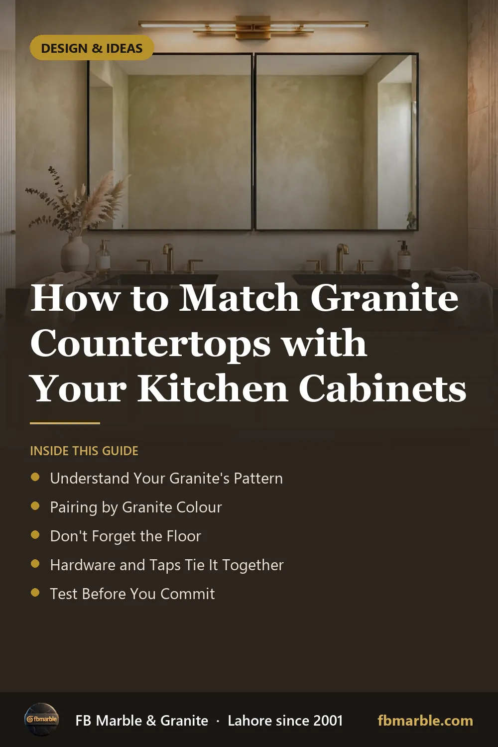 Pinterest graphic: How to Match Granite Countertops with Your Kitchen Cabinets – FB Marble guide