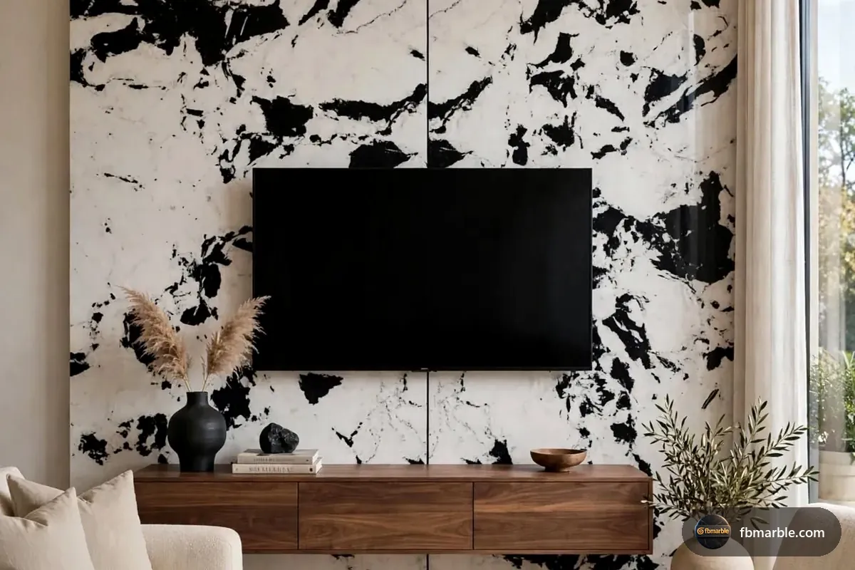 Panda Black Quartz slab from FB Marble Lahore, suited to oak with black quartz