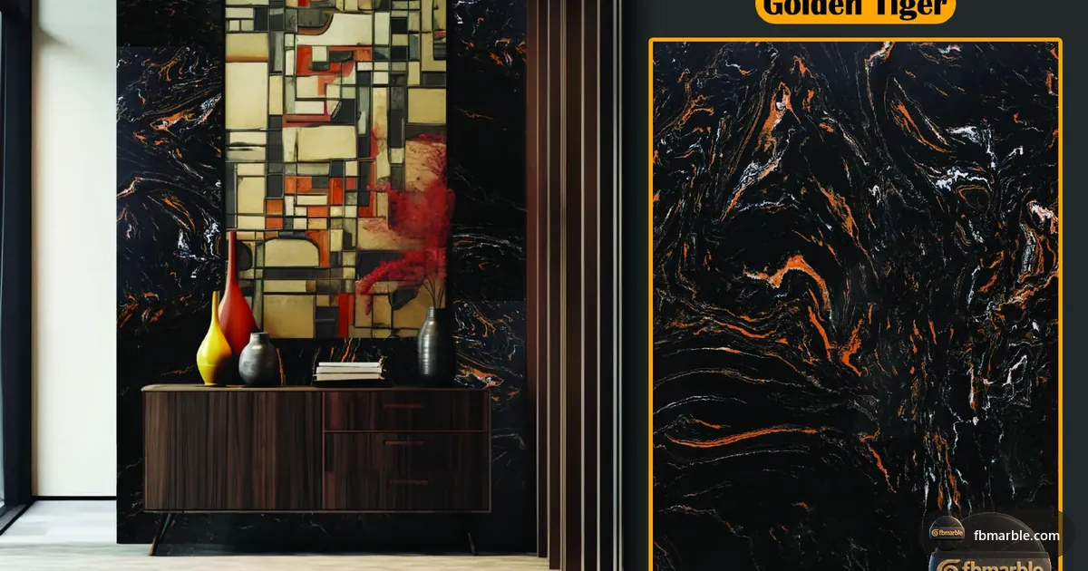 Golden Tiger Quartz slab from FB Marble Lahore, suited to measuring countertop with tape