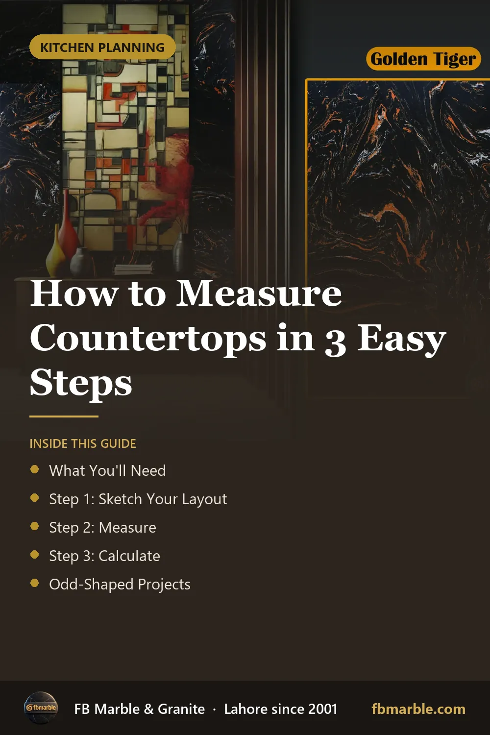 Pinterest graphic: How to Measure Countertops in 3 Easy Steps – FB Marble guide
