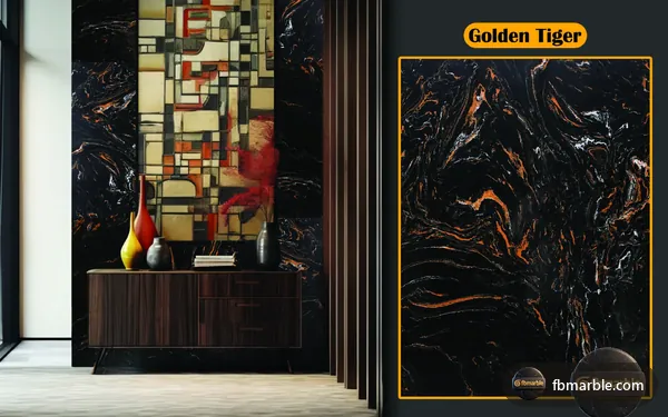 Golden Tiger Quartz slab from FB Marble Lahore, suited to measuring countertop with tape