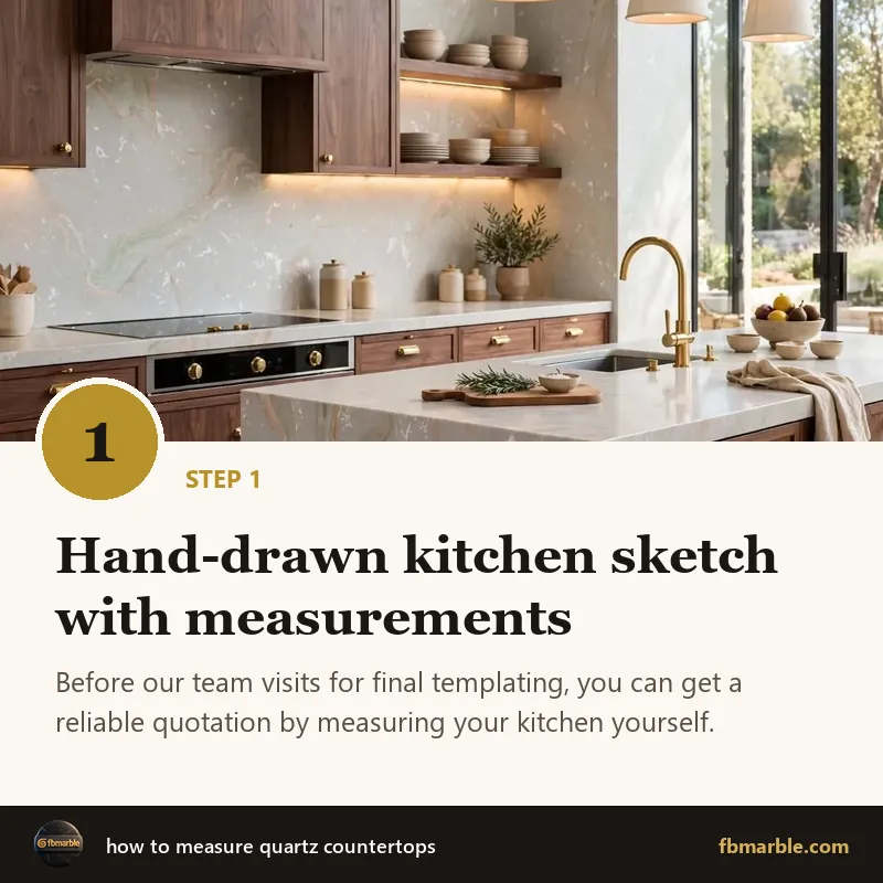 Step 1: Hand-drawn kitchen sketch with measurements – how to measure quartz countertops