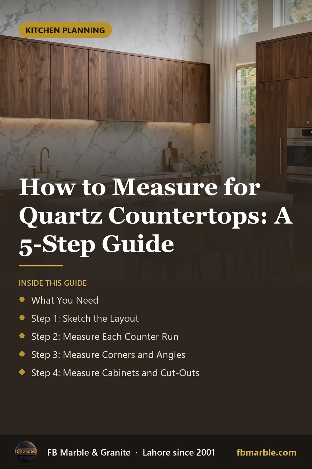 Pinterest graphic: How to Measure for Quartz Countertops: A 5-Step Guide – FB Marble guide
