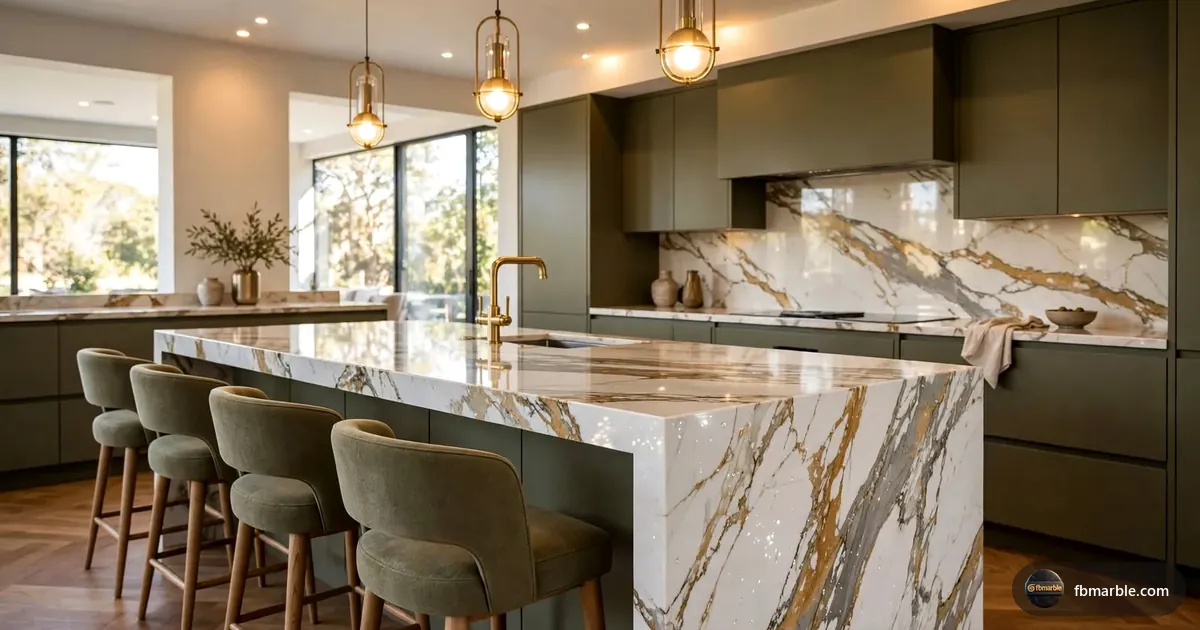 Kitchen island with waterfall edge in Calacatta Gold quartz