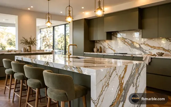 Kitchen island with waterfall edge in Calacatta Gold quartz