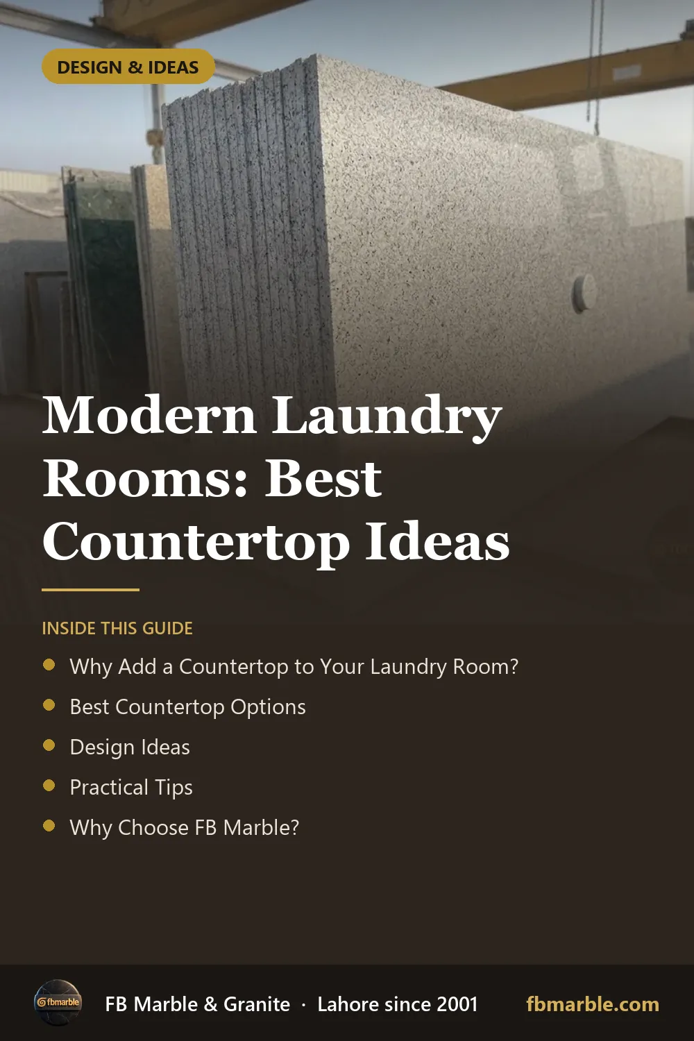 Pinterest graphic: Modern Laundry Rooms: Best Countertop Ideas – FB Marble guide