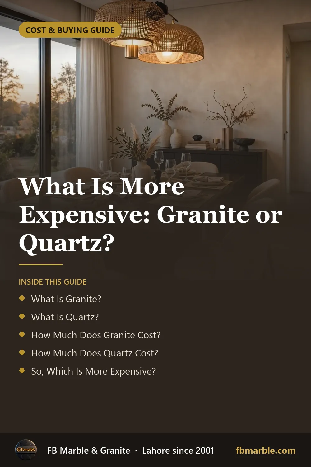 Pinterest graphic: What Is More Expensive: Granite or Quartz? – FB Marble guide