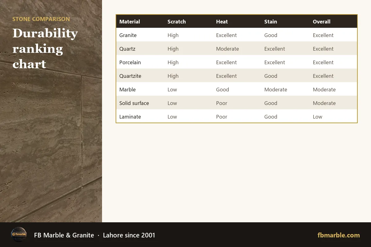 Durability ranking chart – most durable countertops infographic by FB Marble