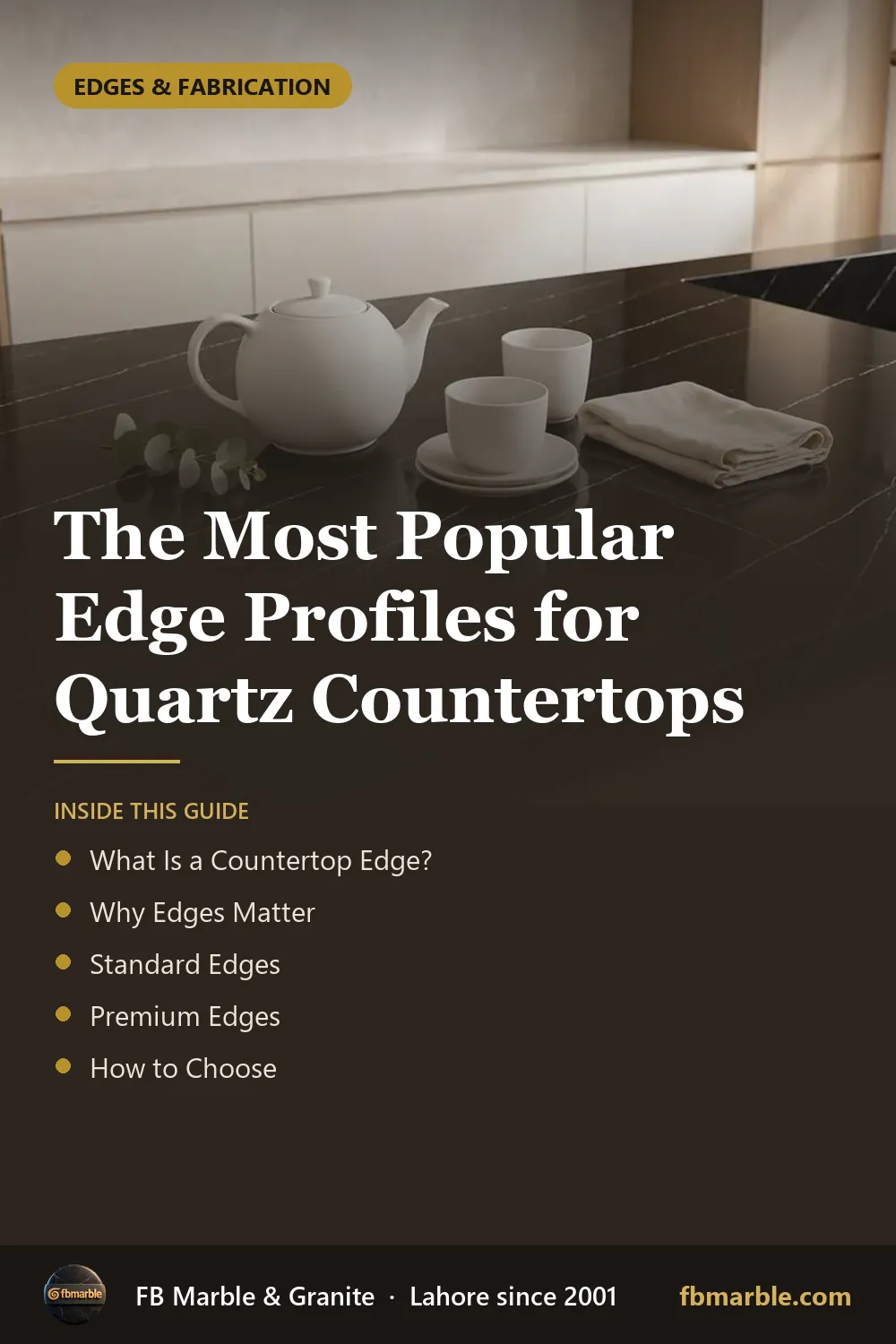 Pinterest graphic: The Most Popular Edge Profiles for Quartz Countertops – FB Marble guide