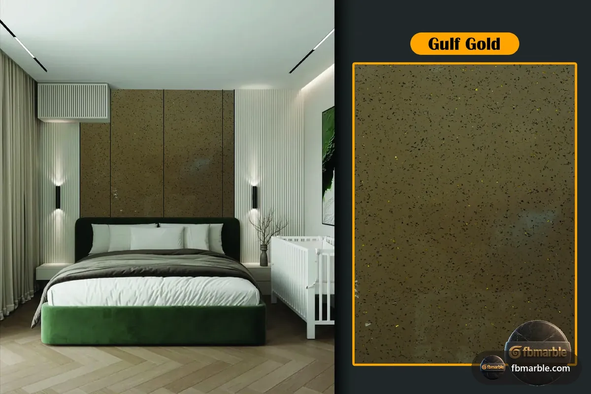 Gulf Gold Quartz slab from FB Marble Lahore, suited to calacatta gold island