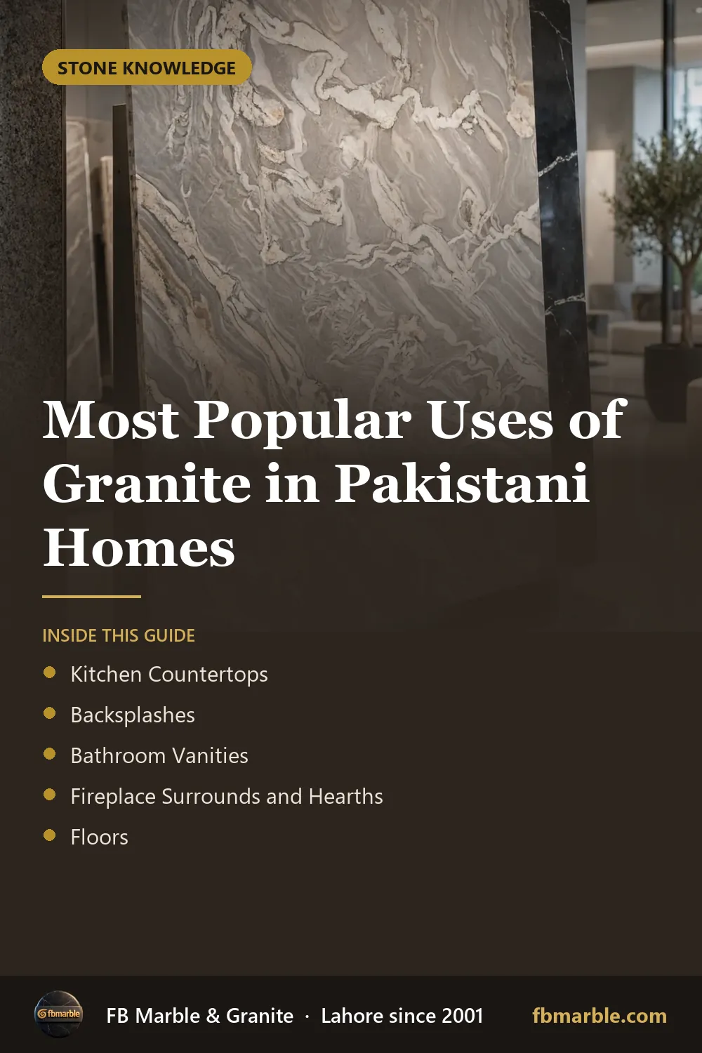 Pinterest graphic: Most Popular Uses of Granite in Pakistani Homes – FB Marble guide