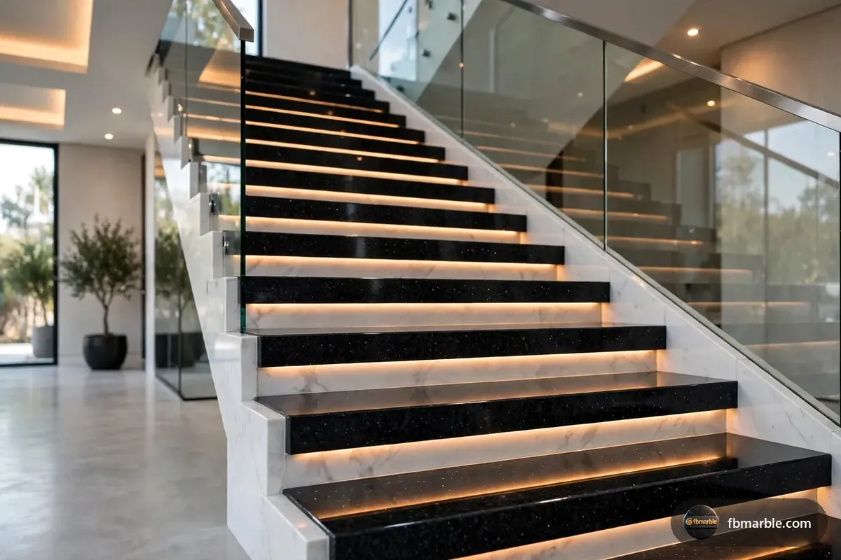 Staircase finished in Black Pearl granite