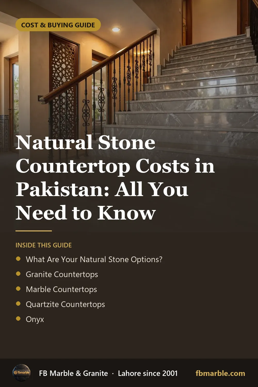 Pinterest graphic: Natural Stone Countertop Costs in Pakistan: All You Need to Know – FB Marble guide
