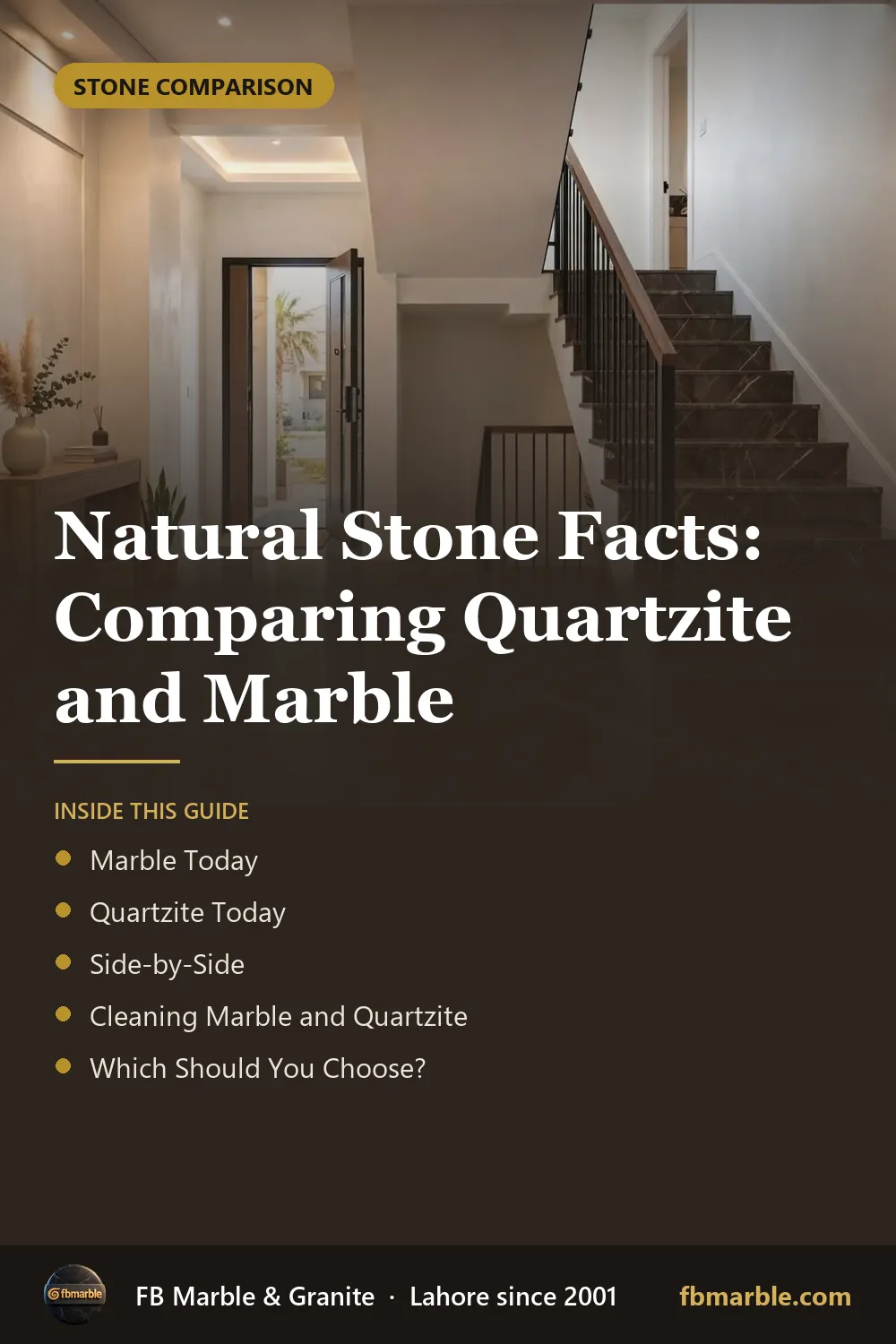 Pinterest graphic: Natural Stone Facts: Comparing Quartzite and Marble – FB Marble guide