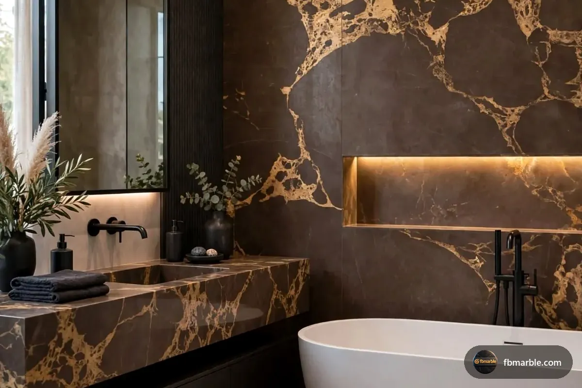 Emperador Scuro Quartz slab from FB Marble Lahore, suited to safe cleaning kit