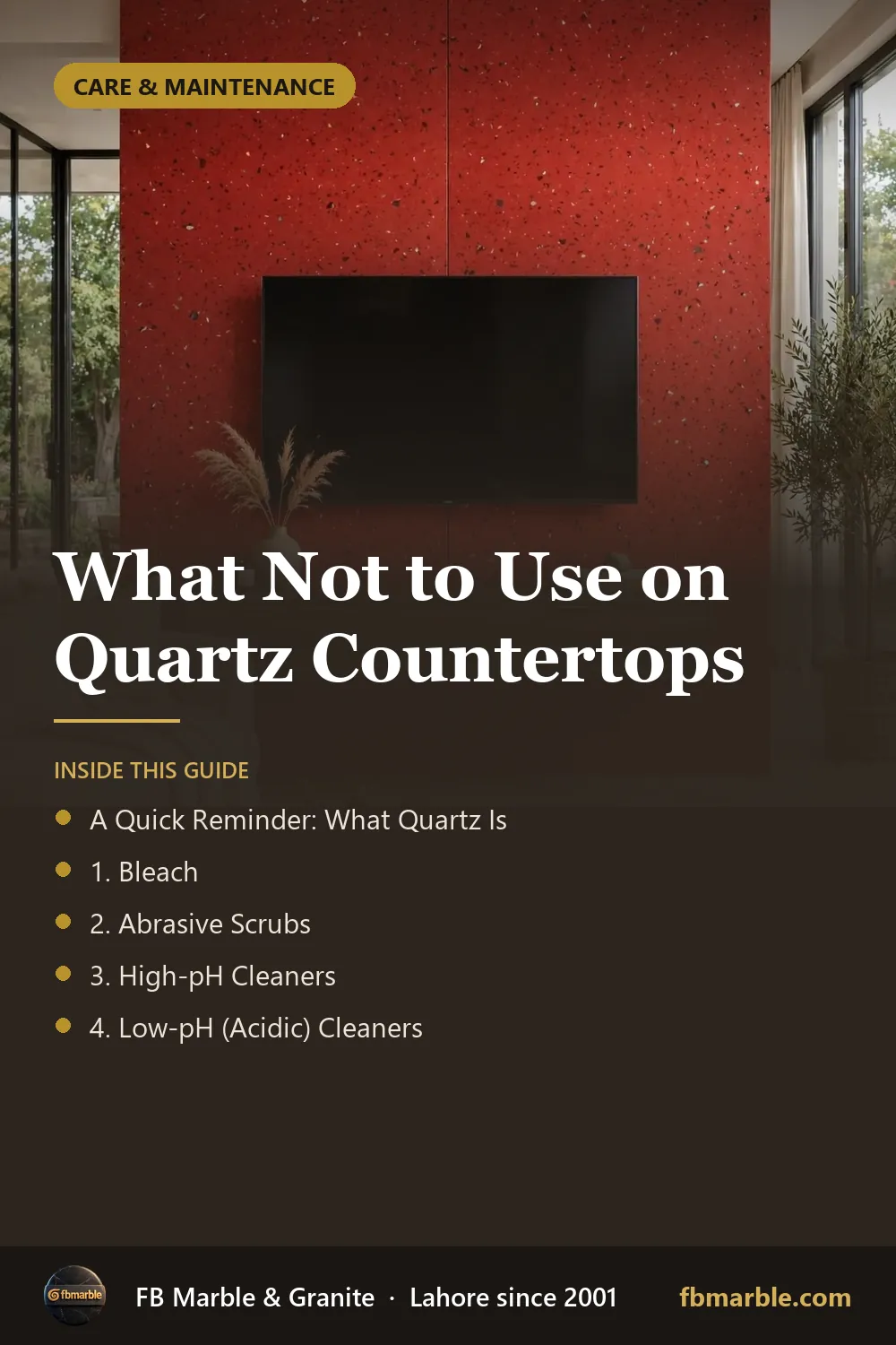 Pinterest graphic: What Not to Use on Quartz Countertops – FB Marble guide