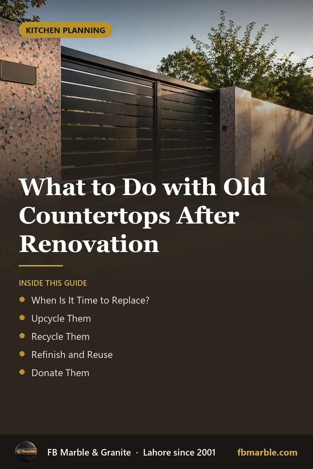 Pinterest graphic: What to Do with Old Countertops After Renovation – FB Marble guide