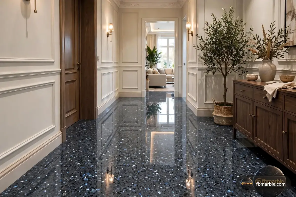 Blue Pearl Granite slab from FB Marble Lahore, suited to dark wood cabinets with beige granite