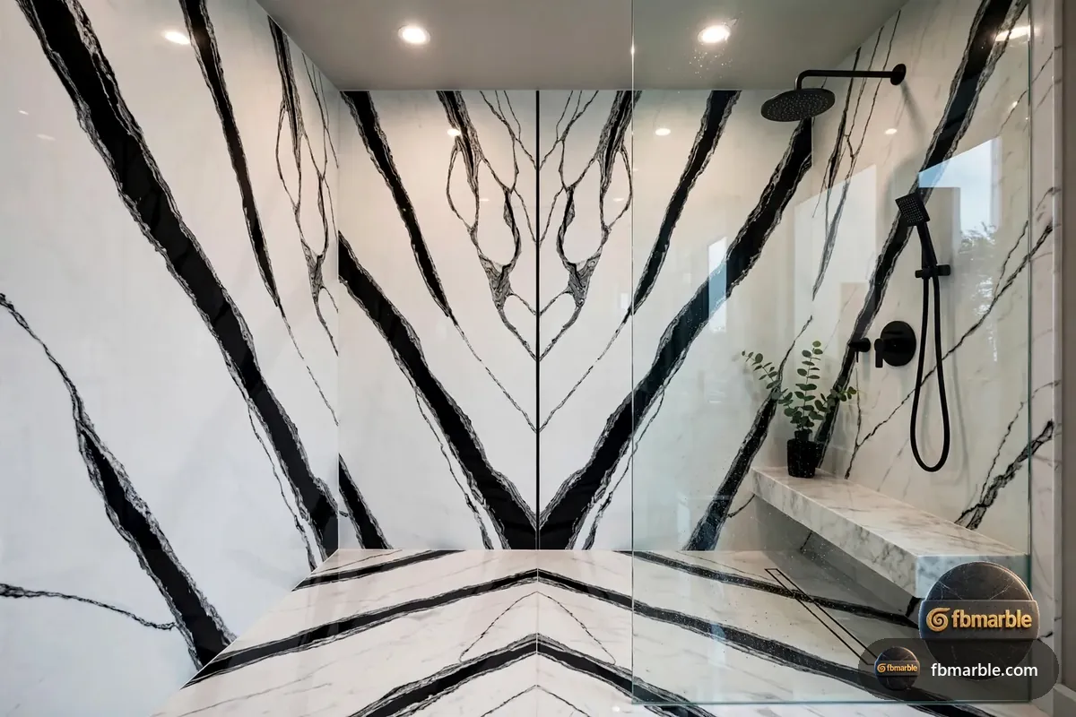 Panda White Quartz slab from FB Marble Lahore, suited to white quartz with grey herringbone backsplash