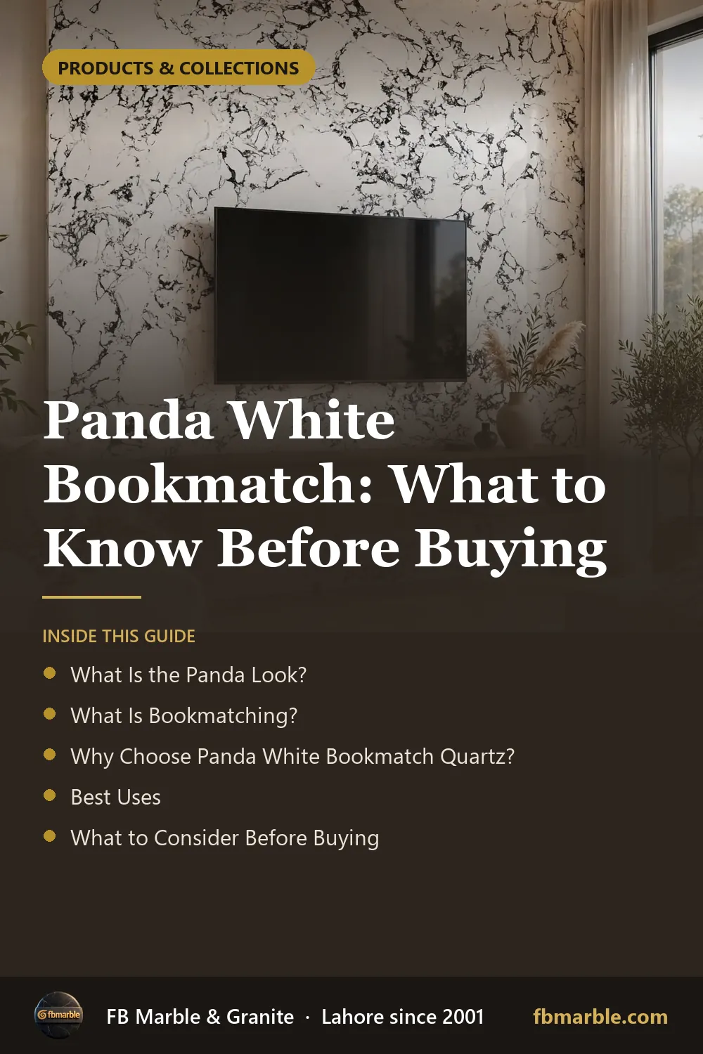 Pinterest graphic: Panda White Bookmatch: What to Know Before Buying – FB Marble guide