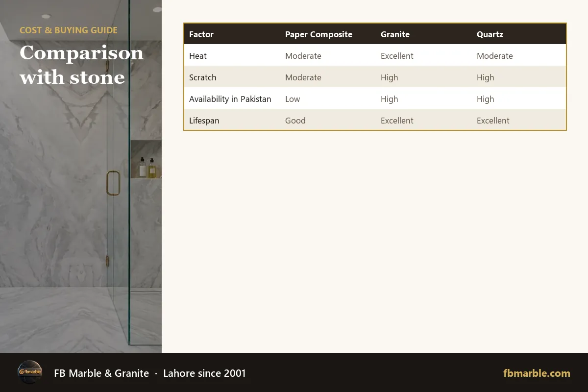 Comparison with stone – paper composite countertops infographic by FB Marble