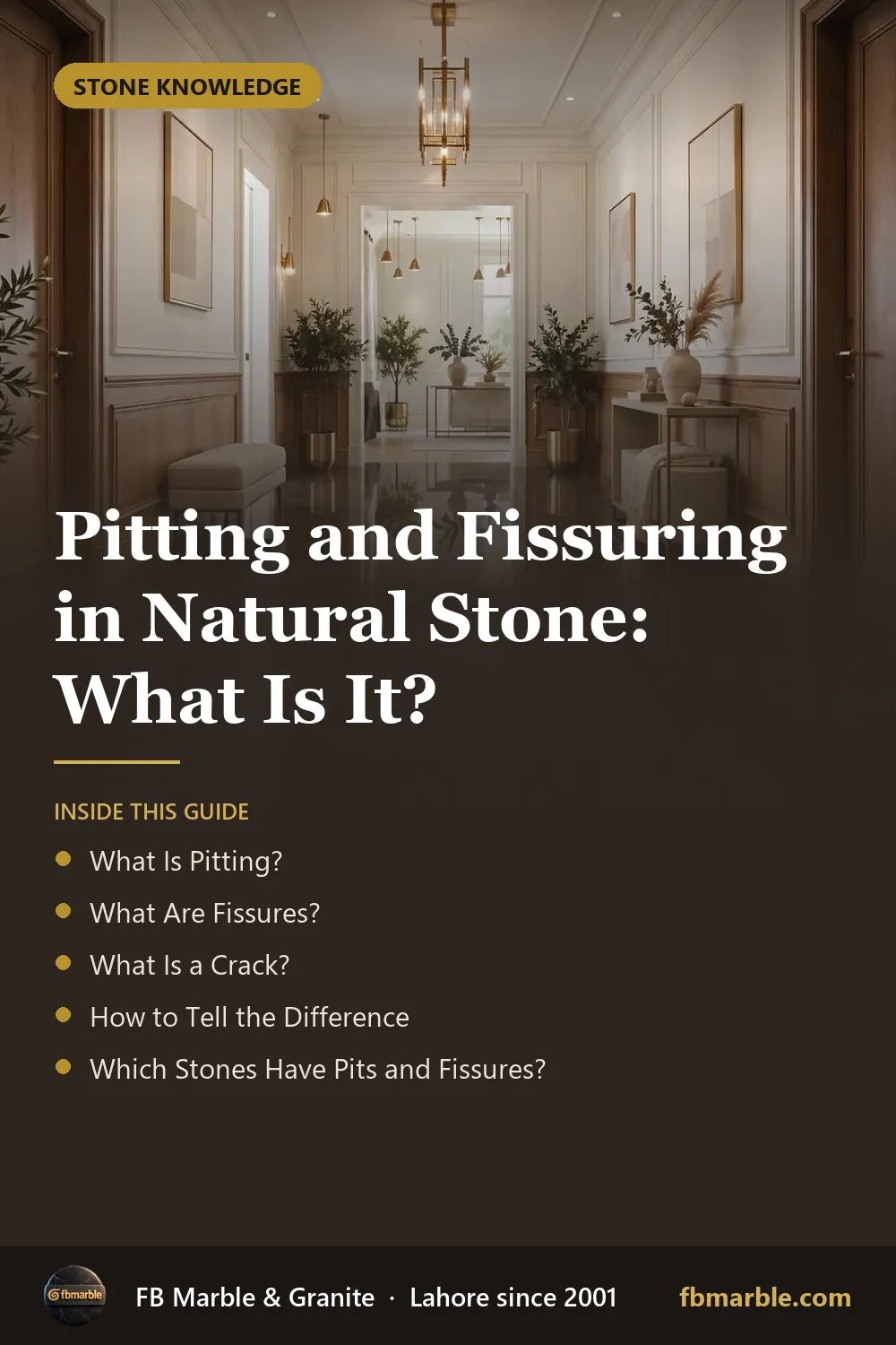 Pinterest graphic: Pitting and Fissuring in Natural Stone: What Is It? – FB Marble guide
