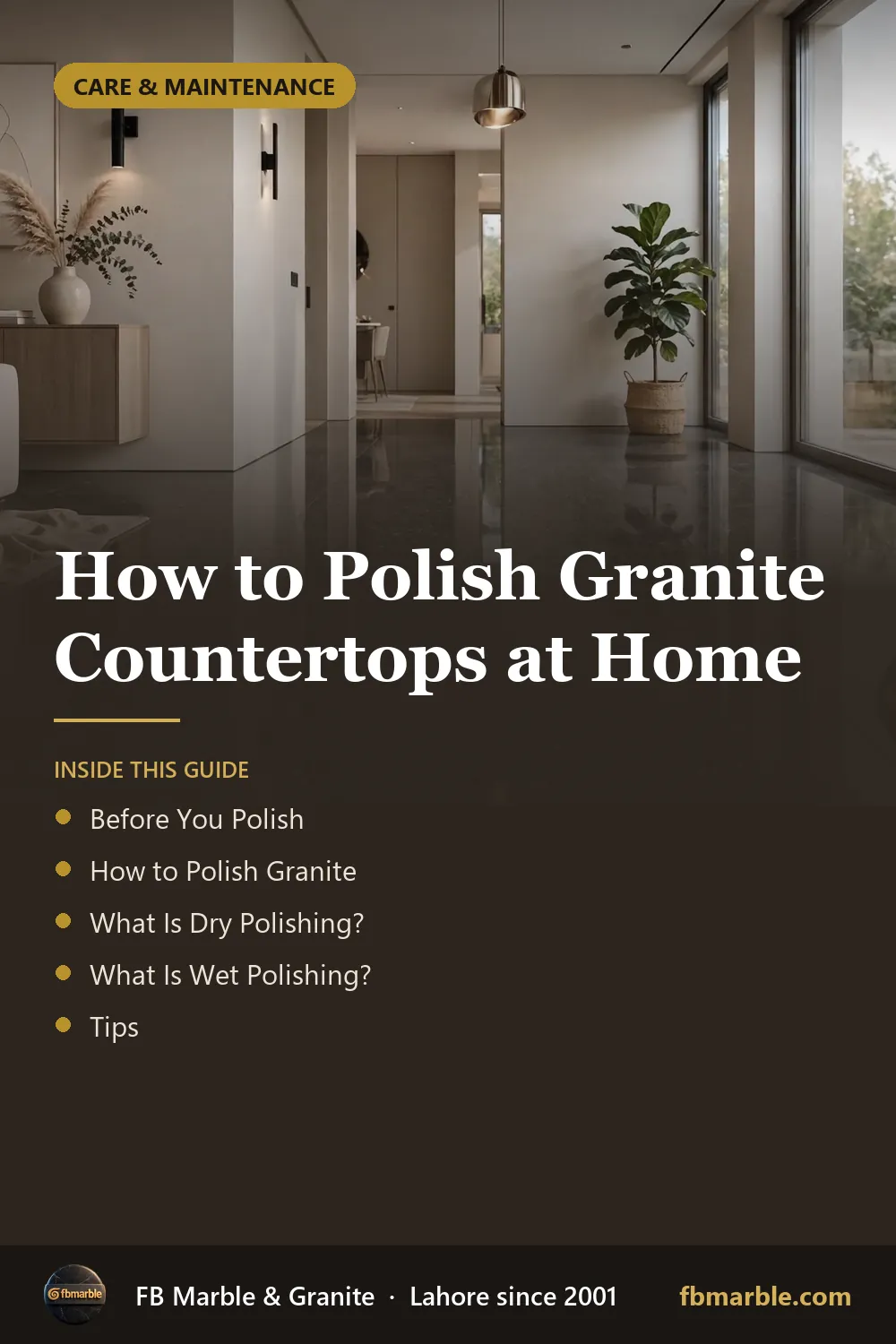 Pinterest graphic: How to Polish Granite Countertops at Home – FB Marble guide