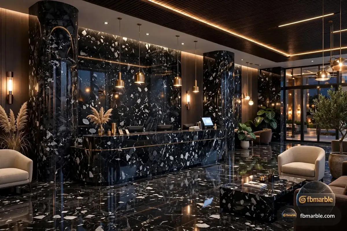 Mercedes Black Porcelain slab from FB Marble Lahore, suited to thin edge detail