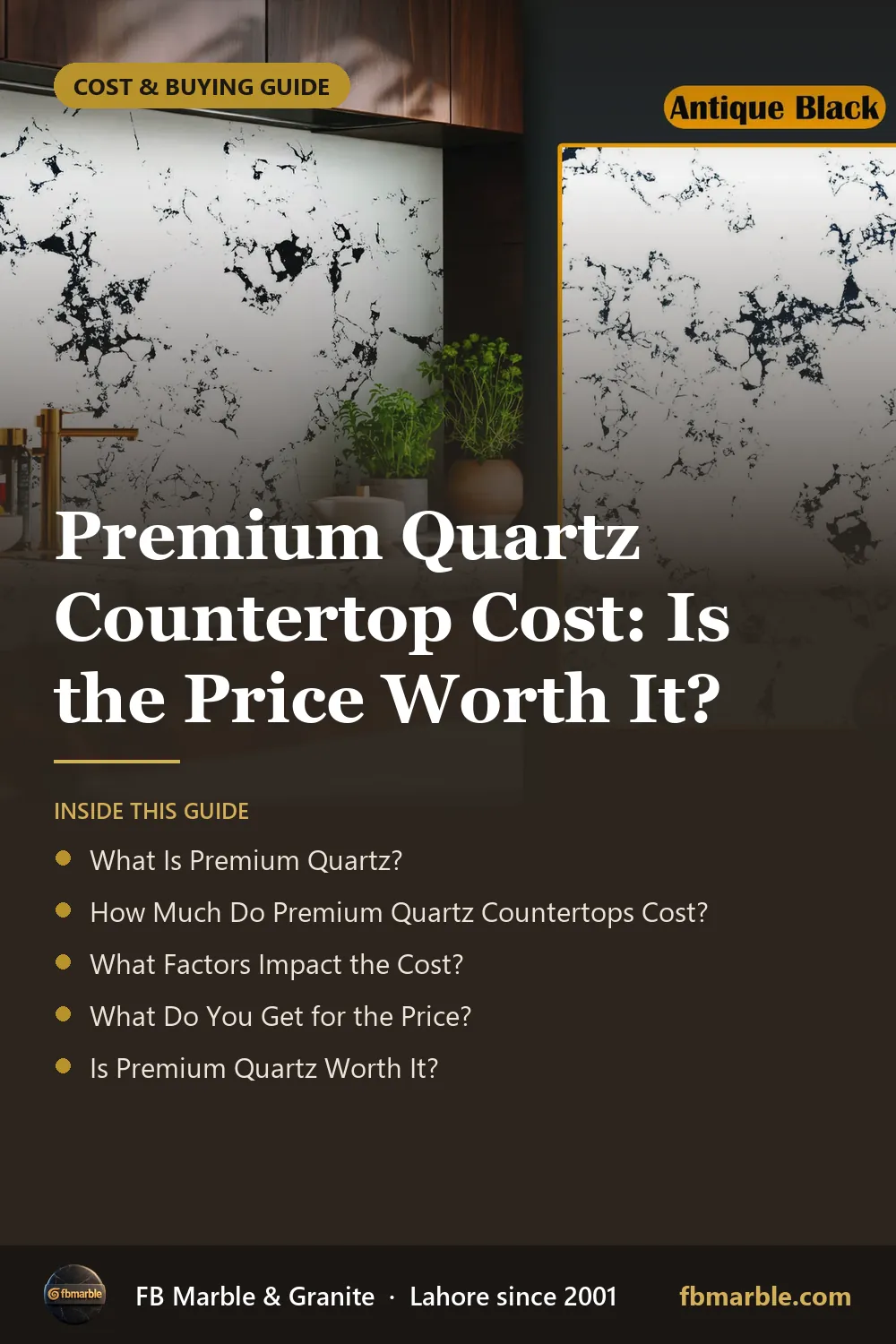 Pinterest graphic: Premium Quartz Countertop Cost: Is the Price Worth It? – FB Marble guide
