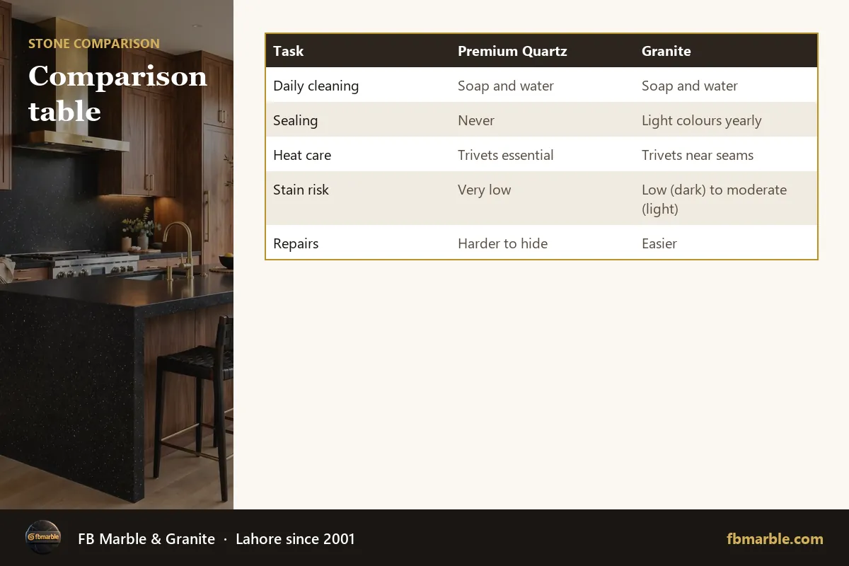 Comparison table – quartz vs granite appearance maintenance infographic by FB Marble