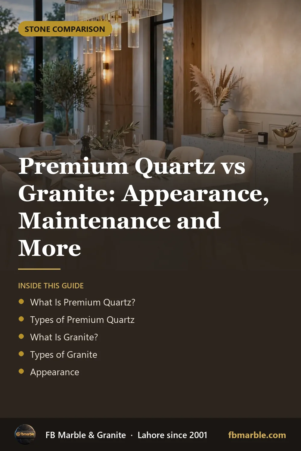 Pinterest graphic: Premium Quartz vs Granite: Appearance, Maintenance and More – FB Marble guide