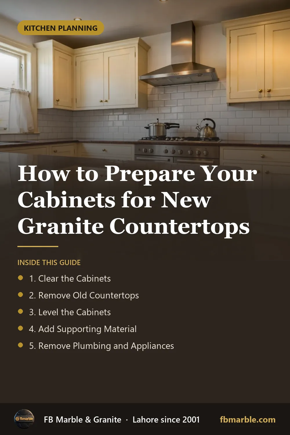 Pinterest graphic: How to Prepare Your Cabinets for New Granite Countertops – FB Marble guide