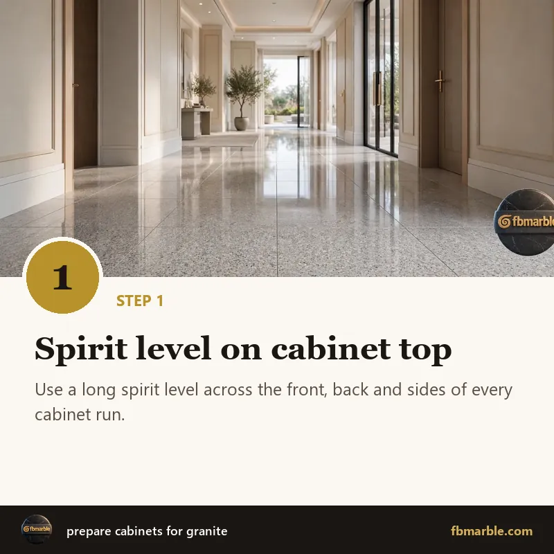 Step 1: Spirit level on cabinet top – prepare cabinets for granite