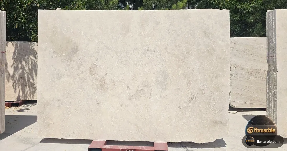 White Travertine slab from FB Marble Lahore, suited to white kitchen cabinets with stone counters