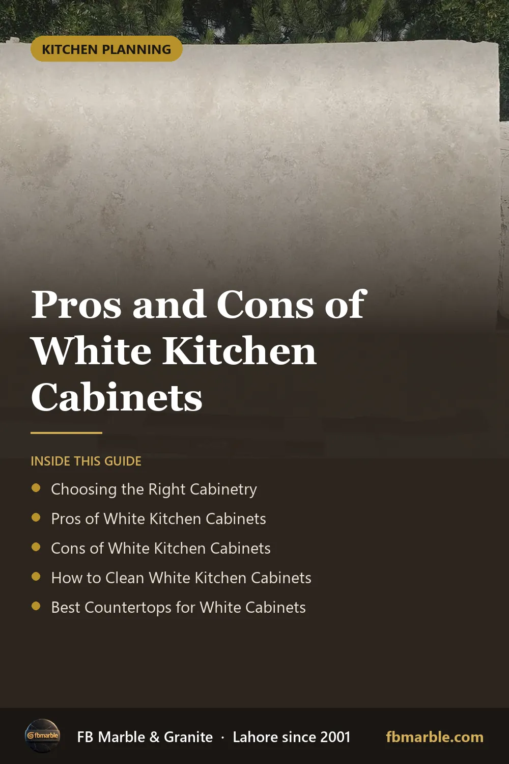 Pinterest graphic: Pros and Cons of White Kitchen Cabinets – FB Marble guide