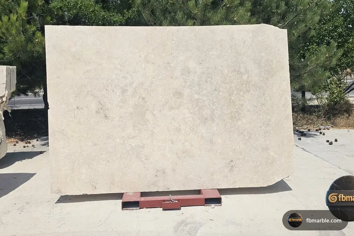 White Travertine slab from FB Marble Lahore, suited to cleaning white cabinets