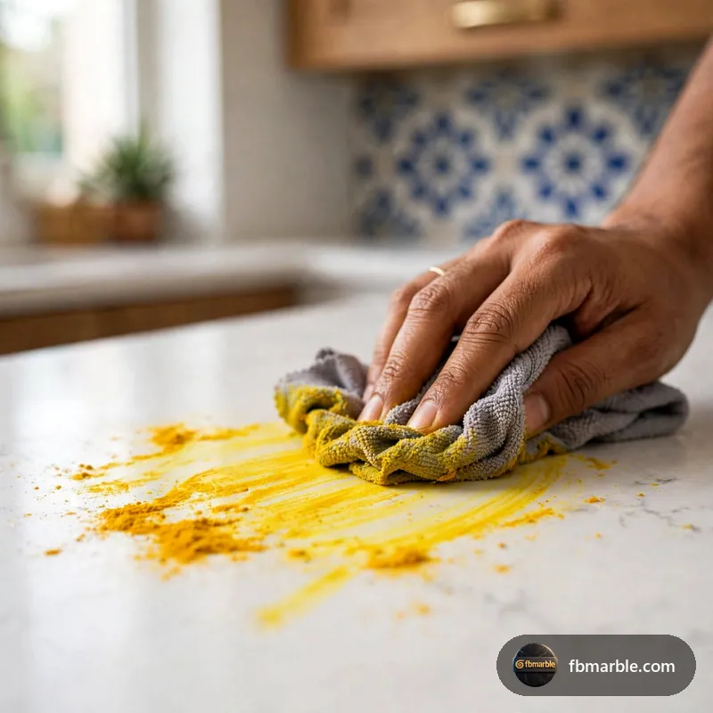 Step 1: Haldi spill being wiped immediately – protect white quartz countertops