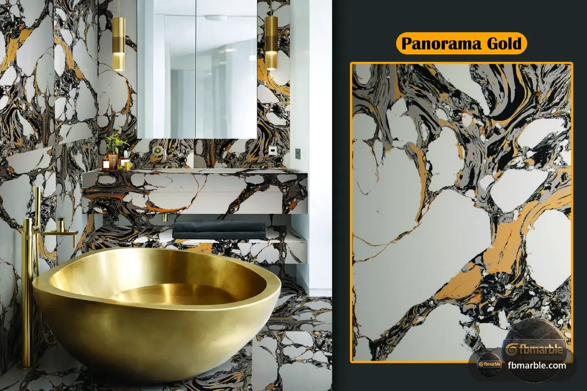 Panorama Gold Quartz slab from FB Marble Lahore, suited to concrete-look quartz backsplash