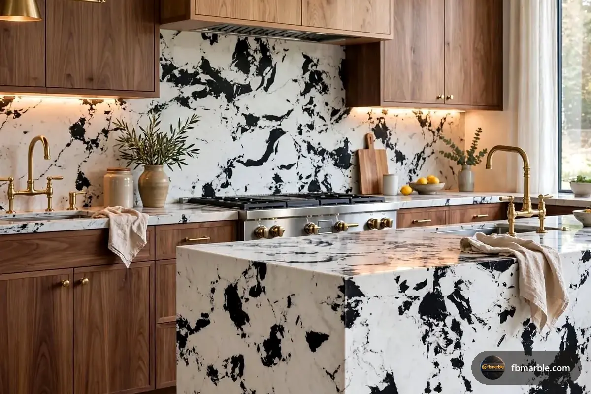 Panda Black Quartz slab from FB Marble Lahore, suited to black quartz kitchen