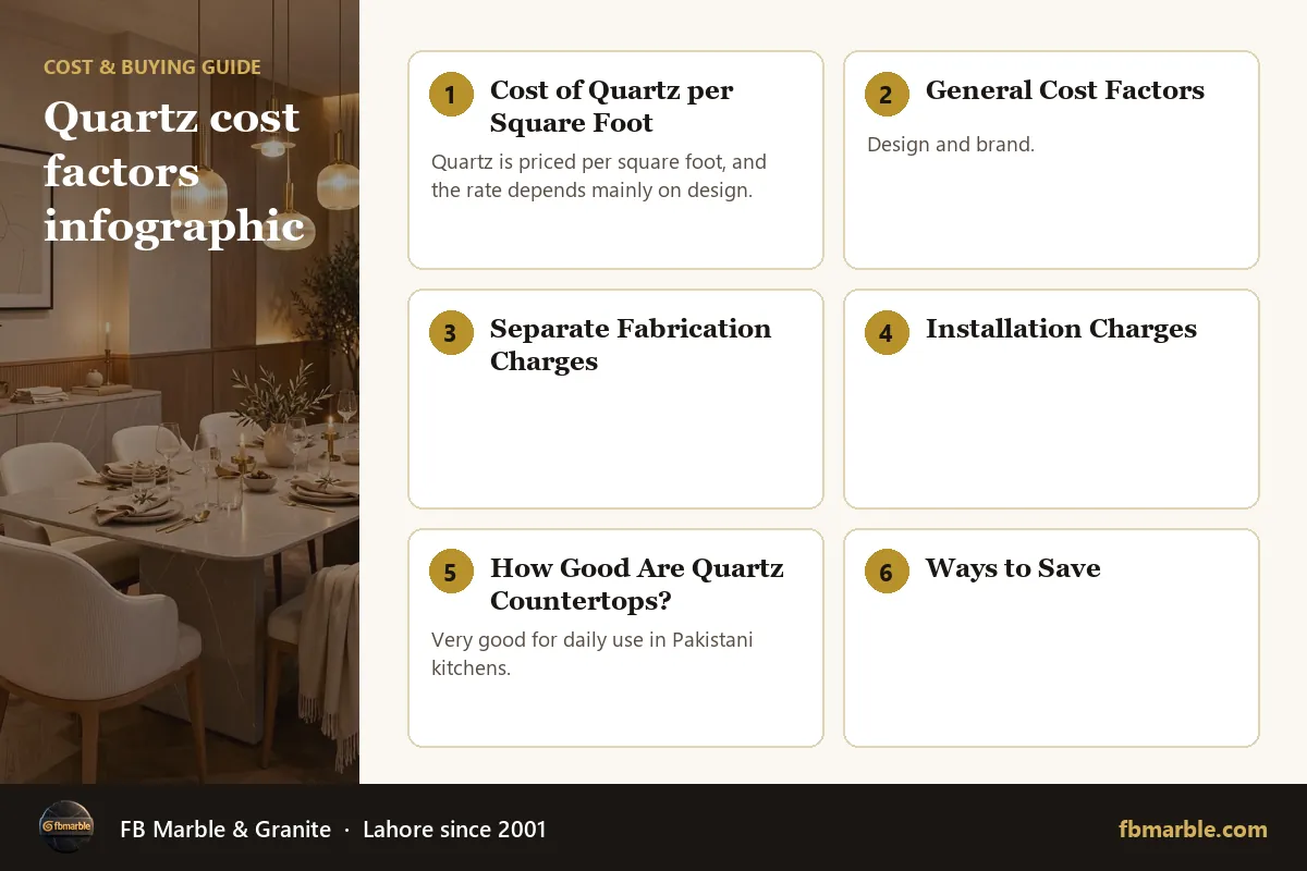Quartz cost factors infographic – quartz cost with labour infographic by FB Marble