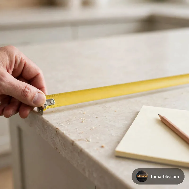Step 1: Measuring tape on kitchen counter – quartz countertop price in Pakistan